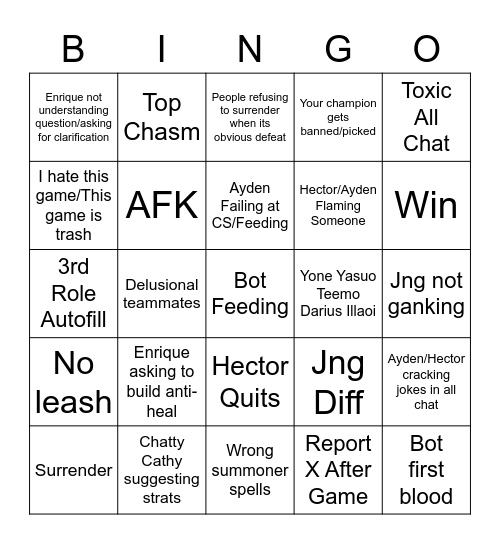 League of Legends Bingo Card