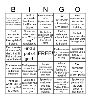 St. Patrick's Day Bingo Card