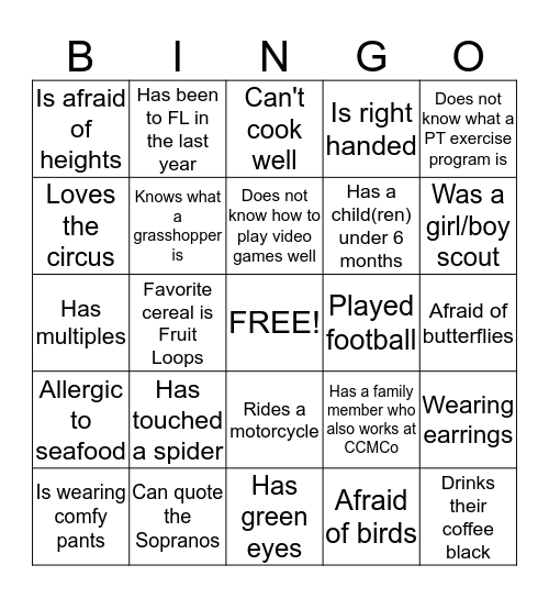 Getting to Know you Bingo Card