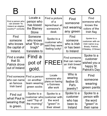 St. Patrick's Day Bingo Card