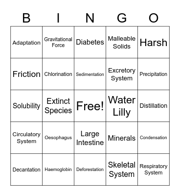 Grade 5 Science Bridge Course Bingo Card