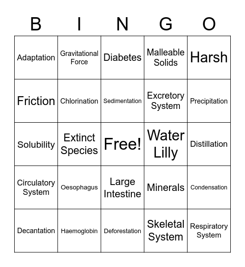 Grade 5 Science Bridge Course Bingo Card