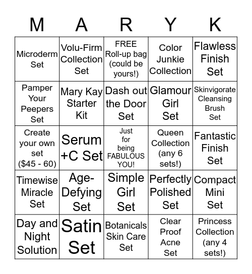 Mary Kay Shamrock Beauty Bingo Card