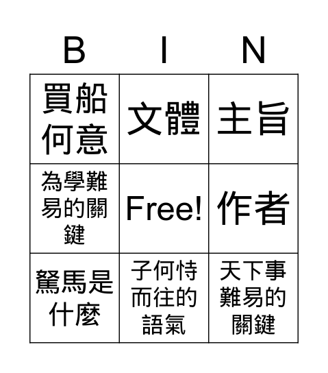 為學一首示子姪 Bingo Card