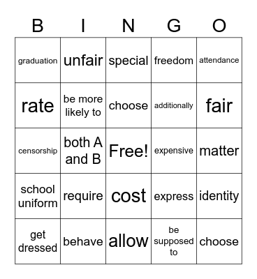 Unit 2 - School Uniforms Bingo Card