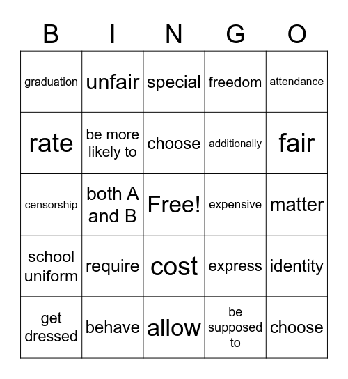 Unit 2 - School Uniforms Bingo Card