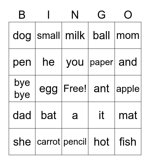 Common Words Bingo Card