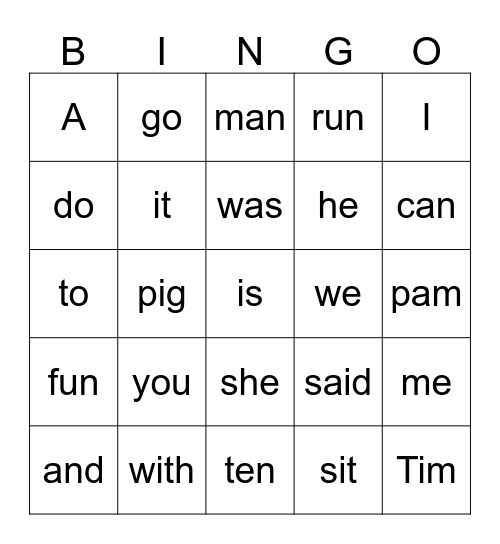 Kindergaten Bingo Card