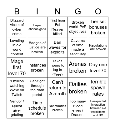 Burning Crusade Bingo Card