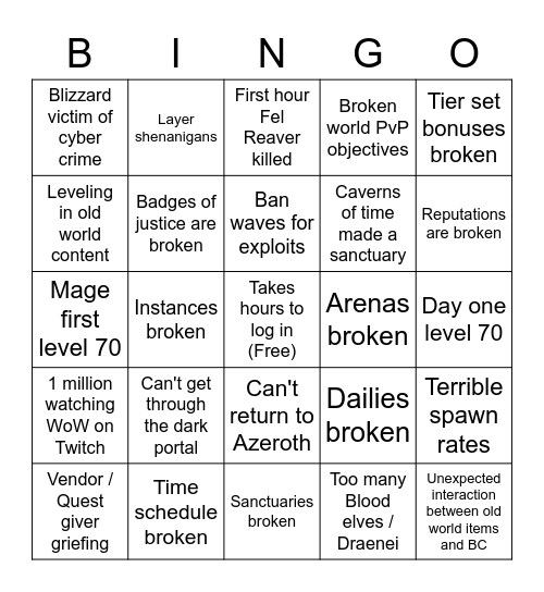 Burning Crusade Bingo Card