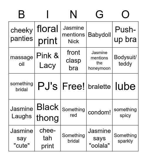 Lingerie Bingo Card