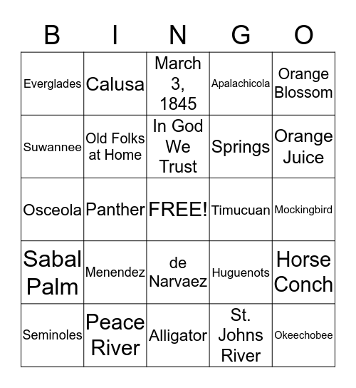 Florida Fun Fact Bingo Card