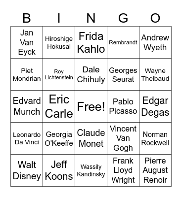 Famous Artists Bingo Card
