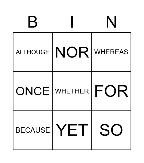 CONJUNCTIONS Bingo Card