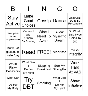 Healthy Habits Bingo Card