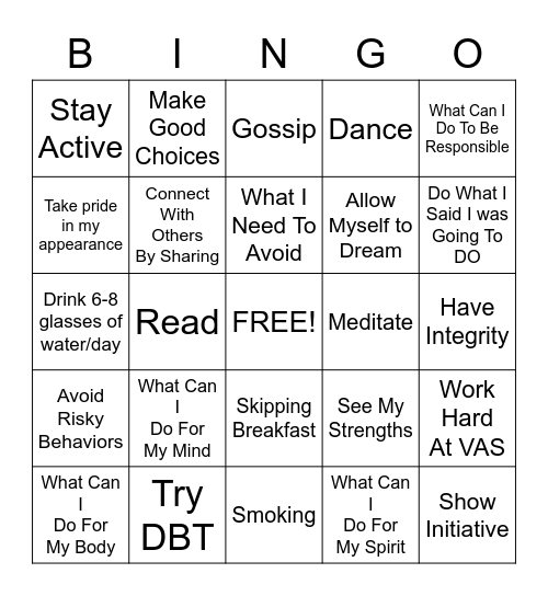 Healthy Habits Bingo Card