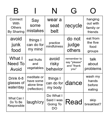 Health and Wellness Bingo Card