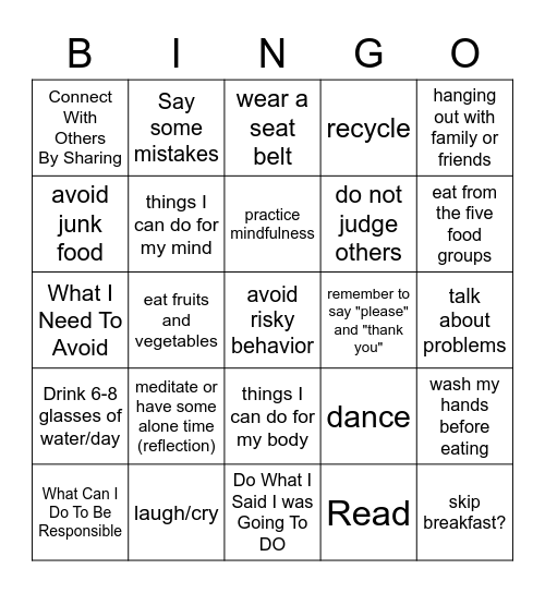 Health and Wellness Bingo Card