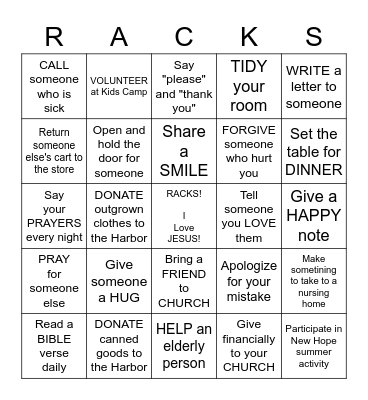 Random Acts of Christian Kindness Bingo Card