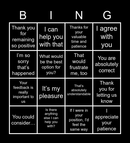 Empathy statements for contact centres BINGO Card