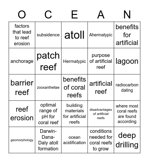 Coral Reef and Lagoons Bingo Card