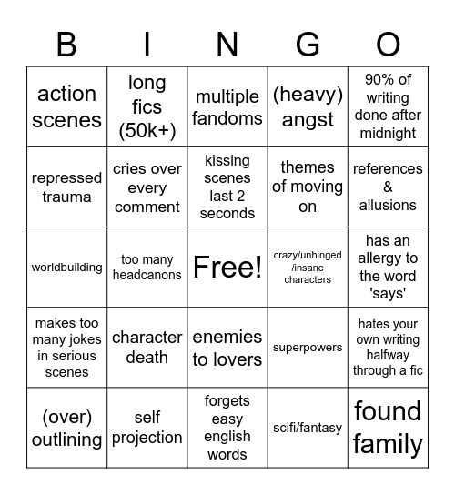 cat's writer bingo Card