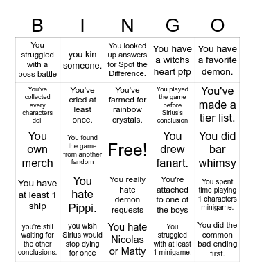 Witchs Heart Bingo Card