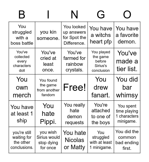 Witchs Heart Bingo Card