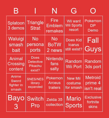 Nintendo at E3 Bingo Card