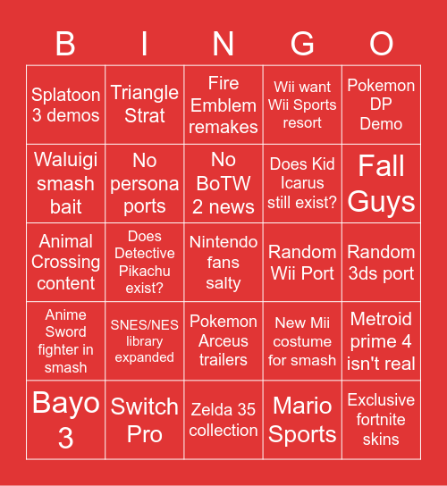 Nintendo at E3 Bingo Card