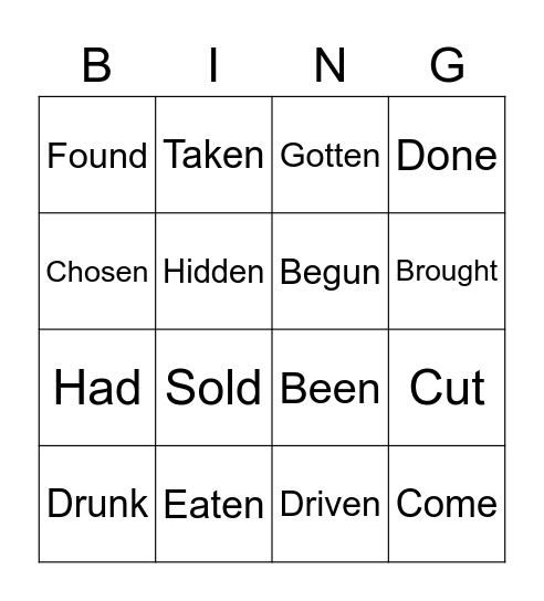 Past participle verbs Bingo Card