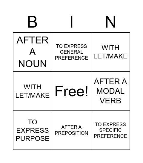 Gerunds vs Infinitives Bingo Card