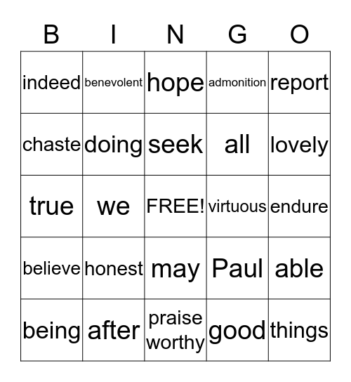 13th Article of Faith Bingo Card