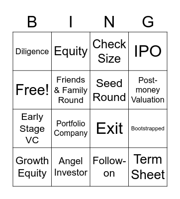 VC Terms Bingo Card