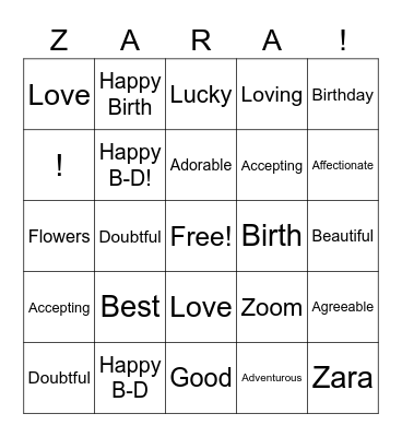 Happy Birthday Zara Bingo Card