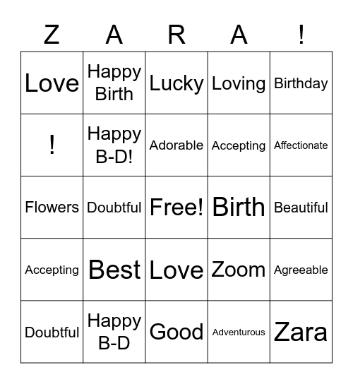 Happy Birthday Zara Bingo Card