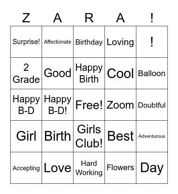 Happy Birthday Zara Bingo Card