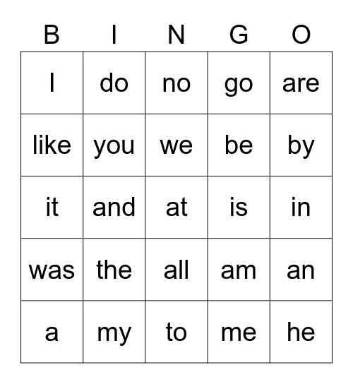 Sight Words Bingo Card