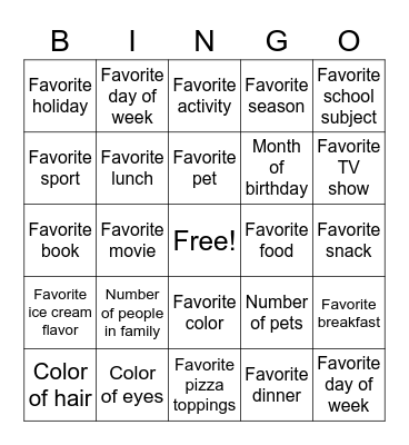 Personality Bingo Card