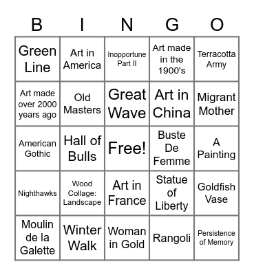 Art Masterpiece Bingo Card