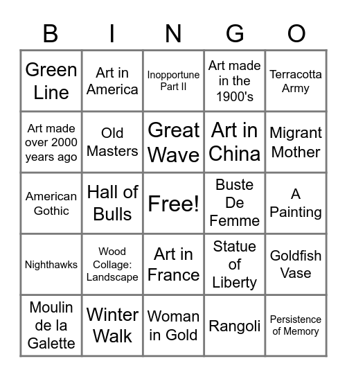 Art Masterpiece Bingo Card