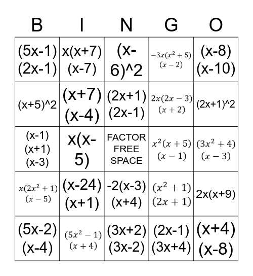 FACTORING BINGO Card