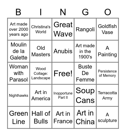 Art Masterpiece Bingo Card