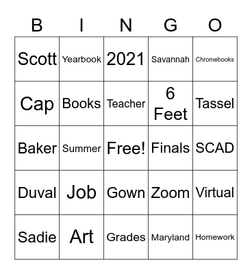 Sadie's Graduation Bingo Card