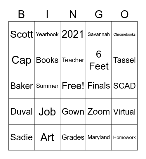 Sadie's Graduation Bingo Card