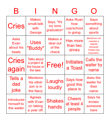 Dad at Dinner Bingo Card