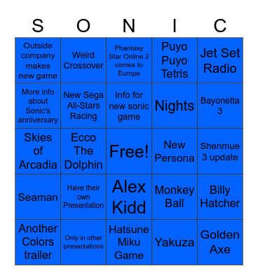 Sega Bingo Card