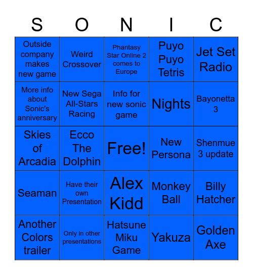 Sega Bingo Card