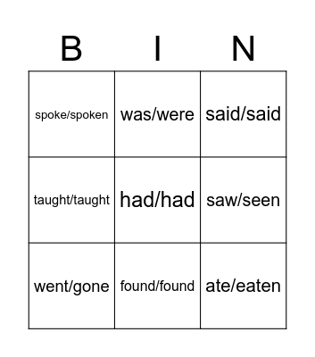 Irregular verbs Elementary Bingo Card