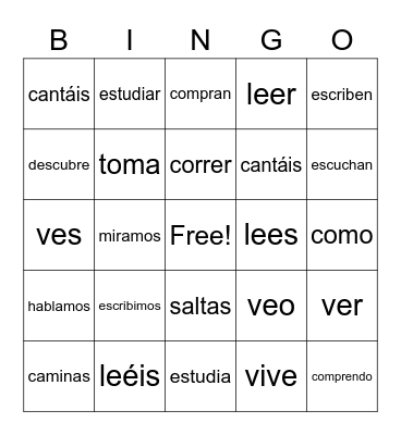 AR, ER, IR Spanish Verbs Bingo Card